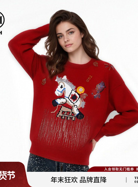 TCH本命马时尚烫钻休闲百搭圆领红色针织衫女秋冬新款T75D09E5096