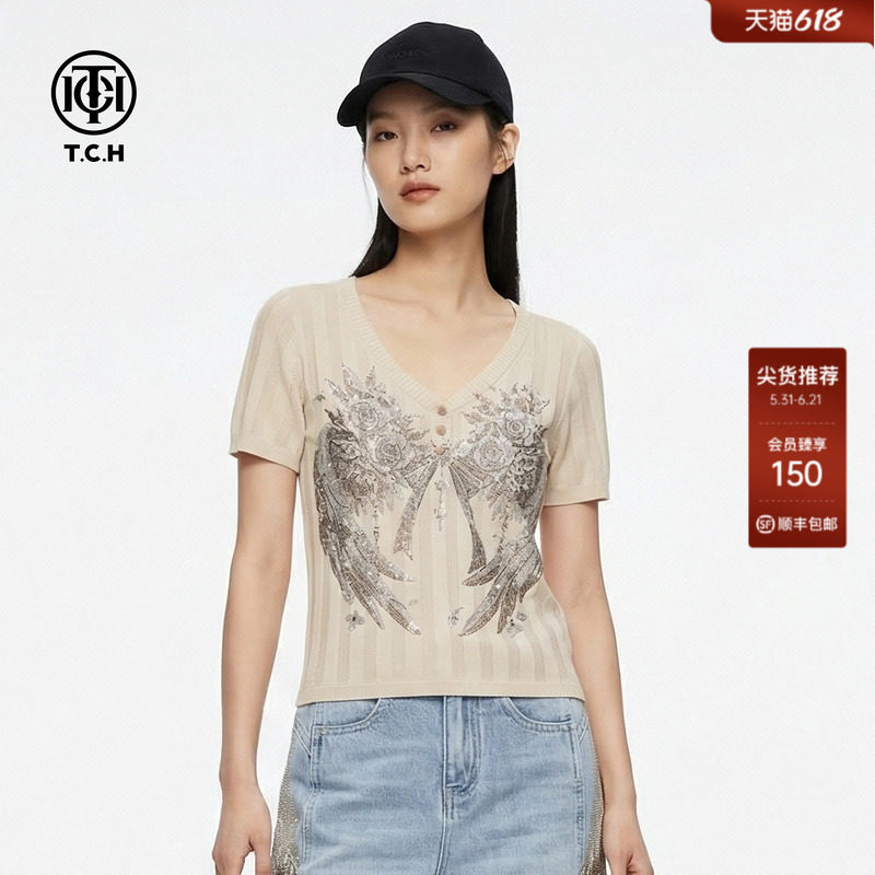 TCH翅膀烫钻V领修身显瘦短袖针织T恤女2026春夏新款T78A09E1181