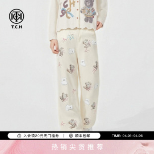 TCH2026春夏新款 女T78A20E1132 刺绣烫钻小熊米白色直筒显瘦牛仔裤