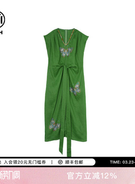 TCH烫钻设计感无袖时尚休闲百搭V领亚麻连衣裙女T75B30E5078