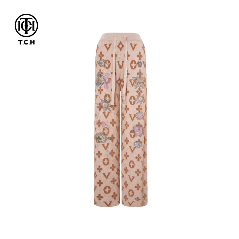 TCH2025冬季新款时尚烫钻印花慵懒宽松阔腿休闲裤女潮T75D20E5009
