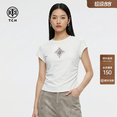 TCH2026春新款修身显瘦设计感短款辣妹正肩短袖T恤女T78A10E1028