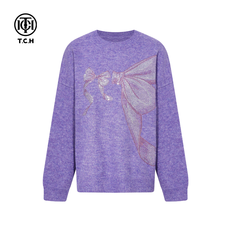 TCH紫色蝴蝶结烫钻套头毛衣2025冬季新款宽松针织衫女T75D09E5033