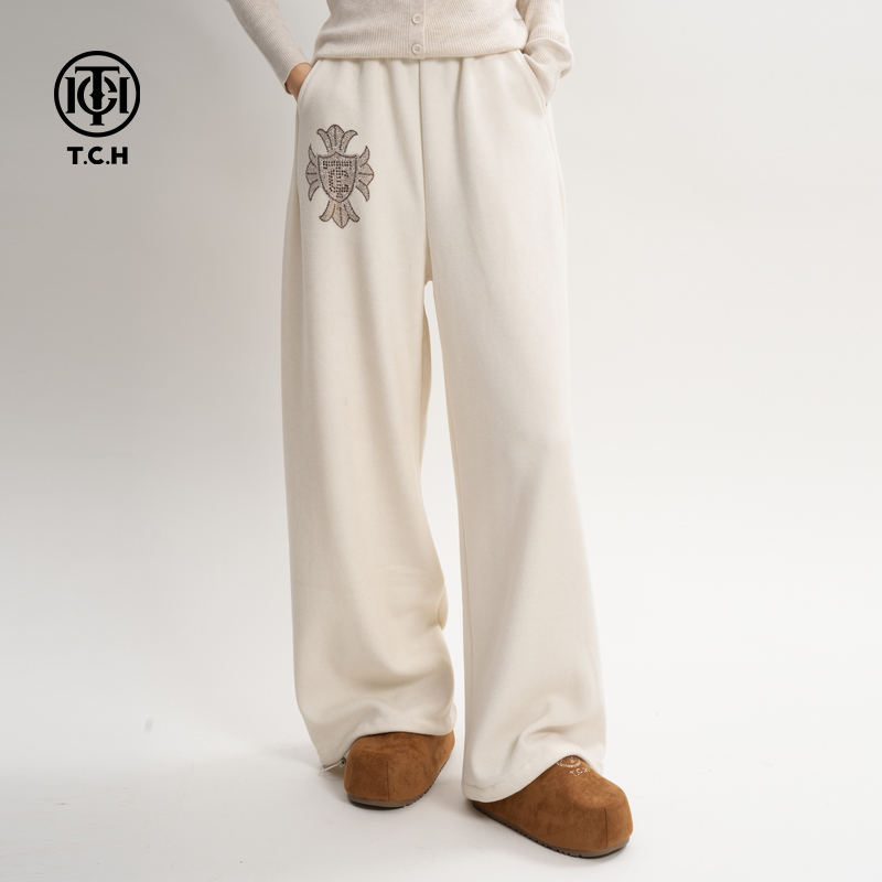 TCH2025秋冬新款慵懒风烫钻时尚百搭加绒直筒休闲裤女T75D20E1011