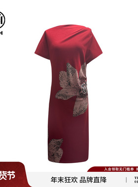 TCH轻奢时尚潮牌荷花烫钻高定收腰气质红色连衣裙女夏T75B30E1208