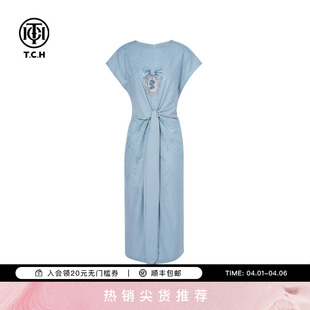 TCH烫钻满印飞飞袖 长裙T75B30E1136 气质收腰显瘦连衣裙女时尚
