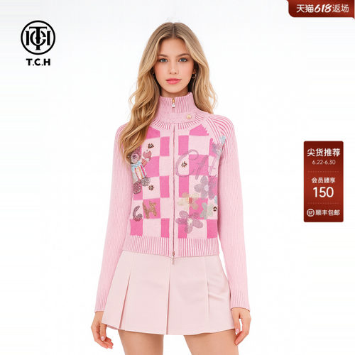 TCH少女粉学院风格子小熊烫钻双拉链针织开衫女秋冬款T75D43E1059
