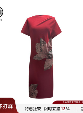 TCH轻奢时尚潮牌荷花烫钻高定收腰气质红色连衣裙女夏T75B30E1208