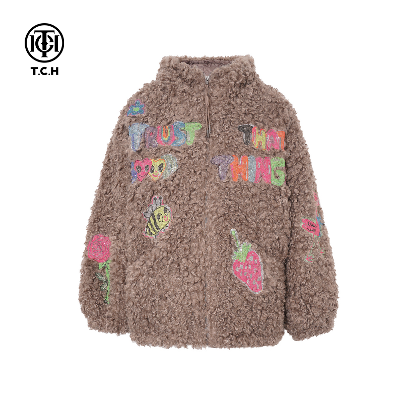 TCH时尚韩版烫钻保暖宽松连帽毛毛外套女2025冬季新款T75D27E5005
