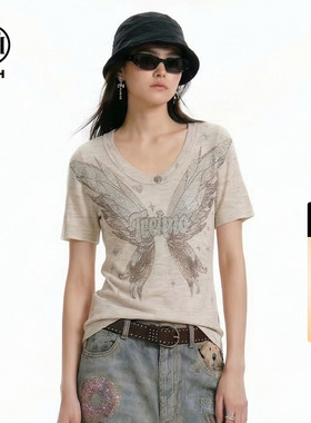 TCH2026夏季新款烫钻短袖针织衫女做旧风修身辣妹T恤T78A09E1196