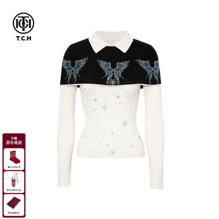 TCH黑白撞色翻领烫钻小香风针织衫 T75D09E1175 上衣女2025秋冬新款