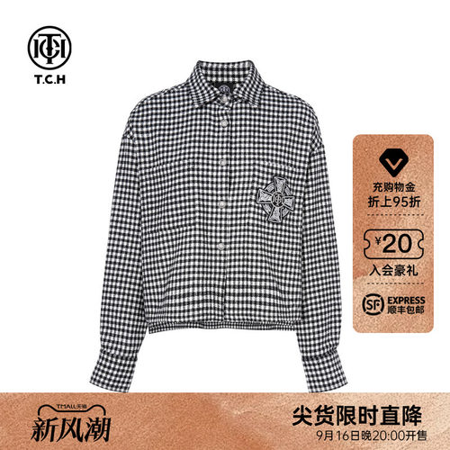 TCH潮牌烫钻休闲格子衬衫外套女短上衣2026秋季新款T75C13E9008