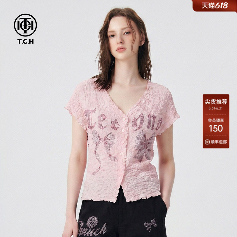 TCH烫钻翅膀修身V领短袖T恤女2026夏季新款温柔风木耳边粉色上衣