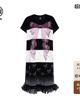 TCH轻奢蝴蝶结烫钻时尚黑白撞色木耳边宽松休闲连衣裙T75B30E1057
