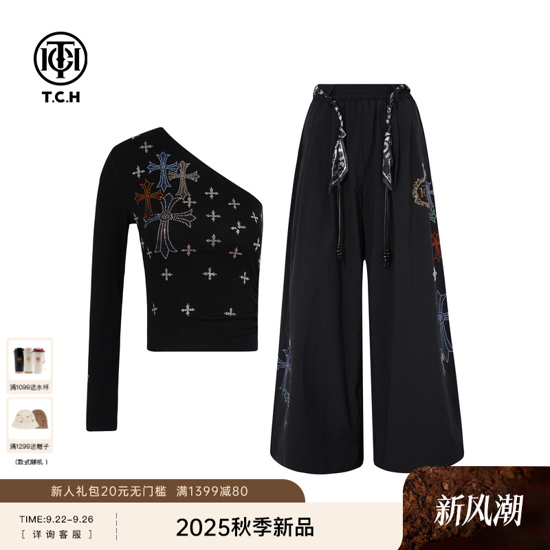 TCH私服烫钻时尚辣妹单肩长袖T恤阔腿休闲裤套装女T75C07E5019