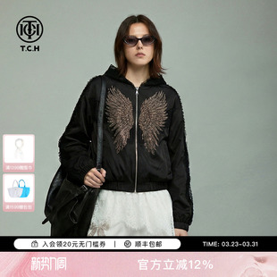 TCH烫钻翅膀蕾丝拼接连帽黑色夹克短外套女2026春新款 T78A17E1003