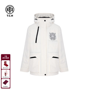 TCH轻奢时尚 风连帽保暖百搭白色羽绒服外套女T75D19E1025 潮牌工装
