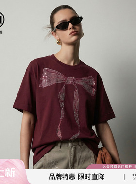 TCH烫钻蝴蝶结休闲百搭圆领酒红色短袖T恤女26春夏款T78A10E1032