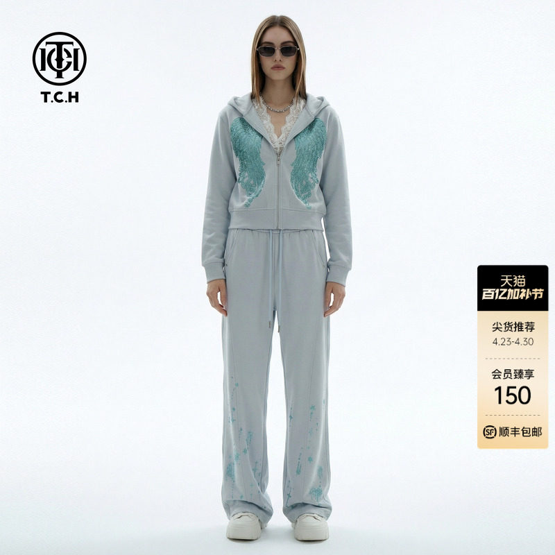 TCH烫钻翅膀宽松拼接蕾丝连帽外套阔腿裤休闲时尚套装T78A07E1140