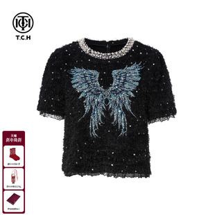TCH设计感珍珠装 黑色T恤女T75D10E1011 饰天使翅膀烫钻毛绒短袖