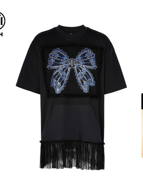 TCH蝴蝶结烫钻蕾丝拼接宽松韩版显瘦短袖T恤女夏T75C10B1010