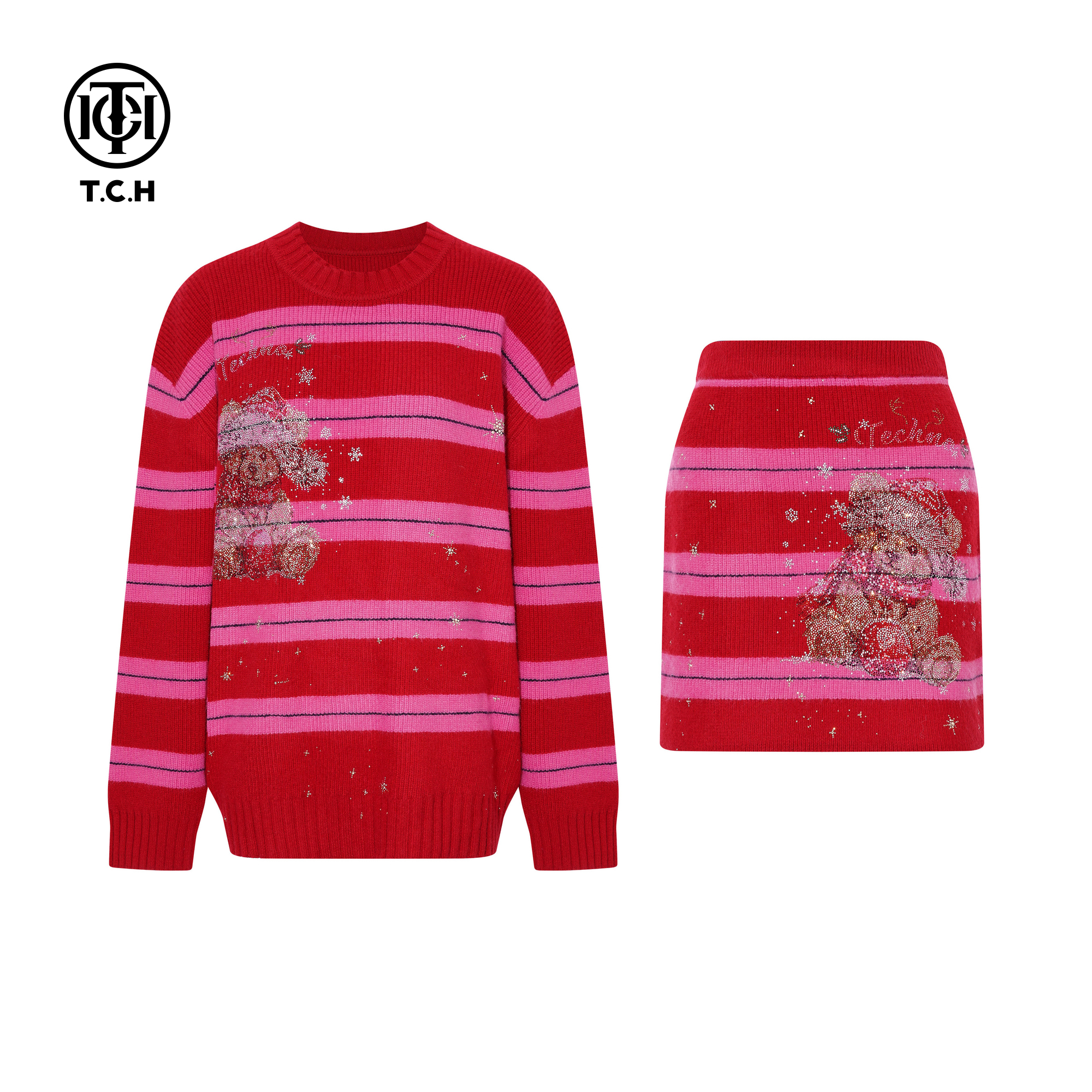 TCH烫钻红色条纹气质套头毛衣短裙针织套装女秋冬新款T75D07E1063
