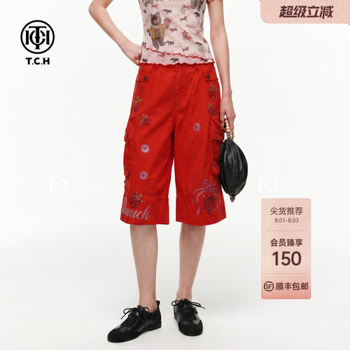 TCH美式甜酷草莓烫钻红色牛仔短裤女2026夏季新款宽松阔腿五分裤