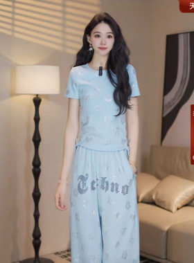 TCH时尚潮流休闲套装女夏季蓝色减龄烫钻收腰短袖T恤阔腿裤两件套
