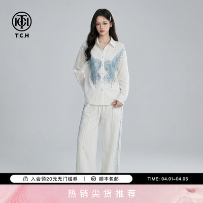 TCH休闲亚麻烫钻翅膀套装女白色翻领衬衫阔腿裤两件套T78B07E1019