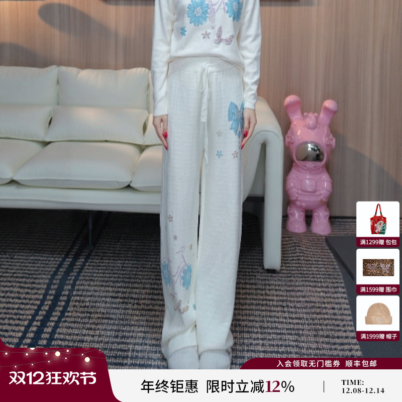 TCH2025冬季新款百搭烫钻慵懒风加绒宽松直筒休闲裤女T75D20E1219