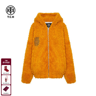 TCH轻奢潮牌黄色连帽休闲宽松毛毛外套女2025冬季 T75D27E9005 新款
