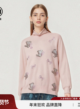 TCH烫钻萌熊蝴蝶结含绵羊毛高领保暖亲肤针织衫上衣女T78A09E1006