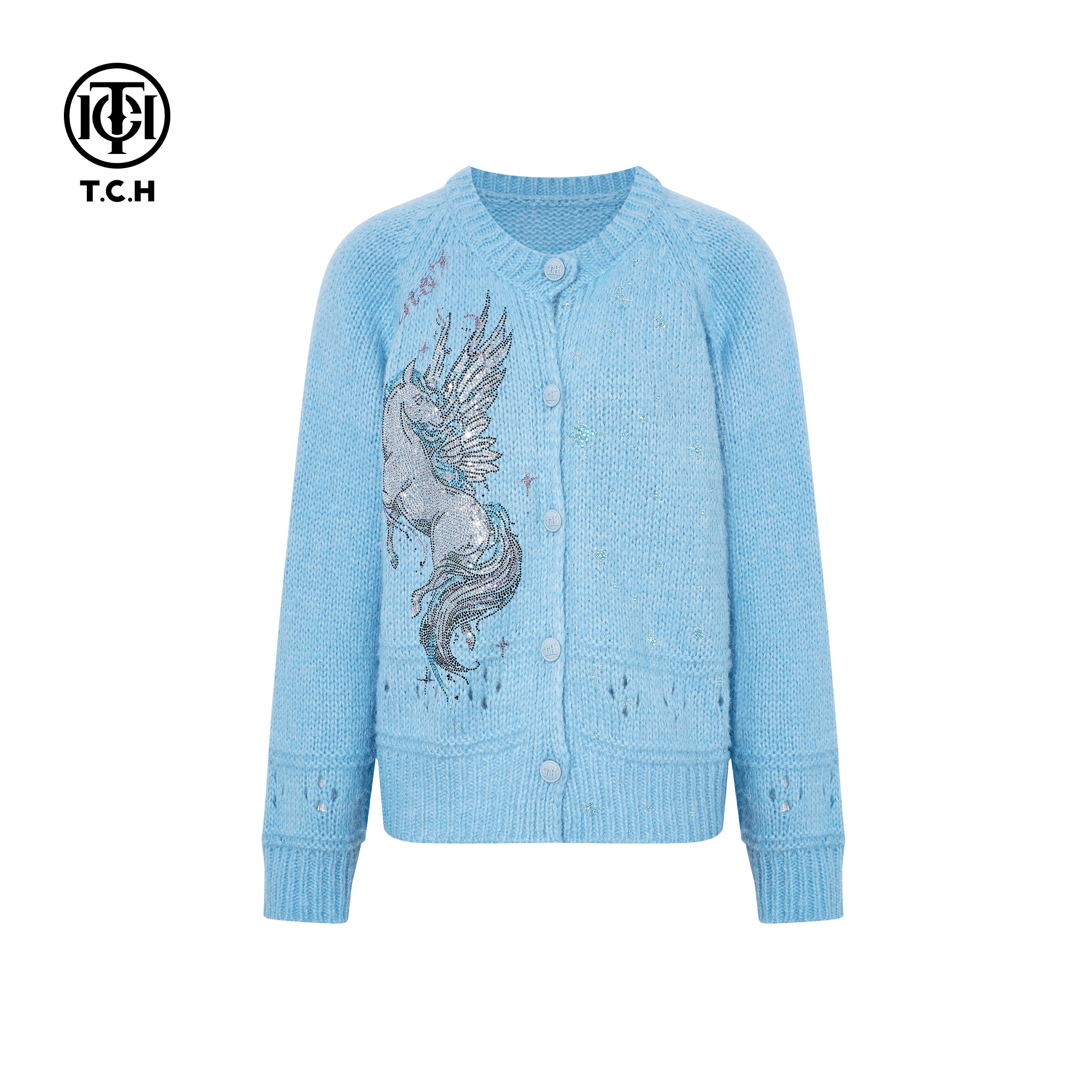 TCH2025冬季新款时尚烫钻蓝色洋气减龄绵羊毛针织开衫T75D43E1072