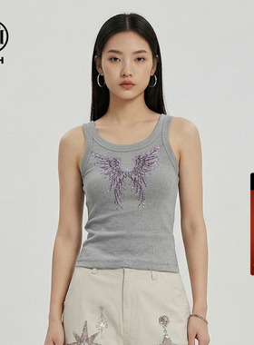 TCH烫钻翅膀内搭背心女2026春夏新款灰色修身显瘦辣妹外穿短上衣