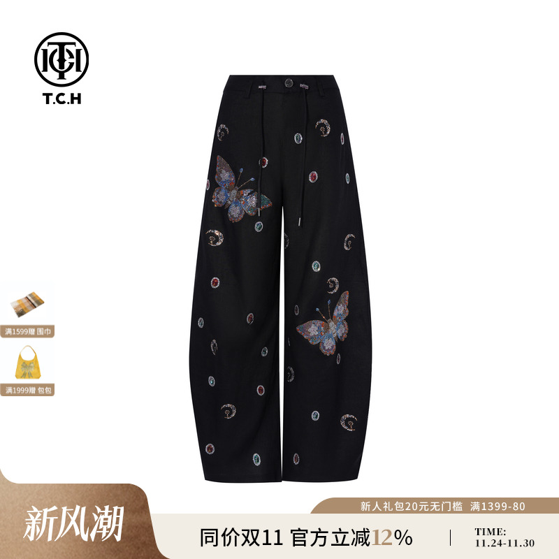 TCH私服烫钻薄款亚麻气质百搭弯刀阔腿宽松休闲长裤女T75B20E5103
