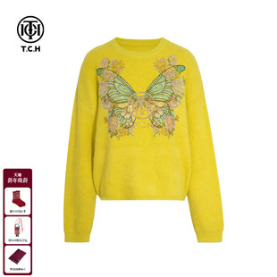 女T75D09E1018 减龄圆领黄色针织衫 TCH私服蝴蝶烫钻25秋冬新款 时尚