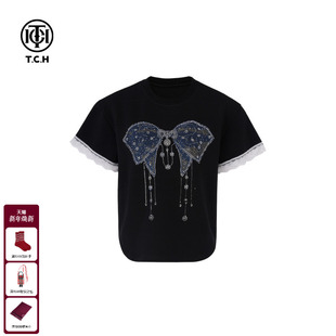 TCH潮牌轻奢百搭小众时尚 T恤上衣女T75A10B9075 烫钻蝴蝶结短袖