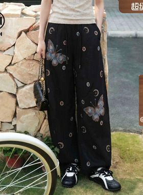 TCH私服烫钻薄款亚麻气质百搭弯刀阔腿宽松休闲长裤女T78B20E5015