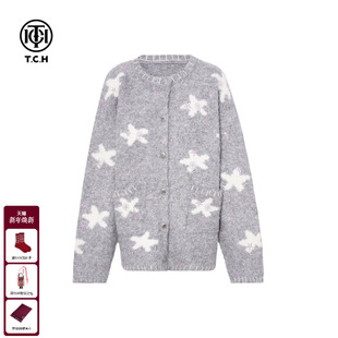 TCH韩系灰色针织开衫 女烫钻休闲慵懒风宽松毛衣外套潮T75D43E1088