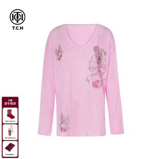 T75C09E5055 女秋装 TCH私服烫钻轻薄时尚 宽松百搭蝴蝶结v领针织衫