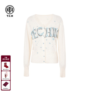 TCH私服烫钻25秋冬时尚 女T75D43E1043 气质蕾丝边V领显瘦针织开衫