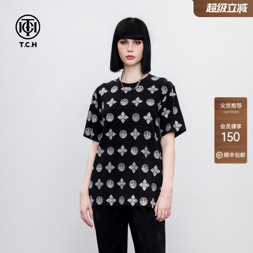TCH美式潮流烫钻LOGO满印时尚休闲短袖T恤男女同款2026夏季新款