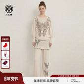 宽松蝙蝠袖 烫钻羽翼针织衫 女屁帘阔腿裤 TCH26春款 套装 T78A07E1050