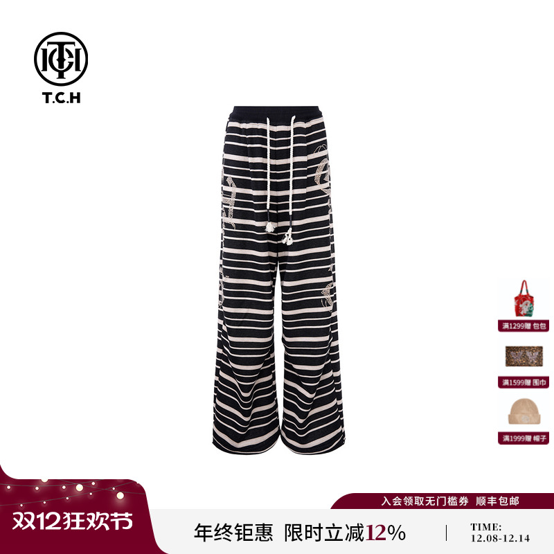 TCH私服2025春季新款不加绒条纹字母烫钻宽松休闲长裤T75C20E5118