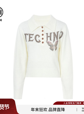 TCH私服25秋冬新款短毛衣烫钻白色休闲翻领针织衫女T75D09E5001X