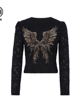 TCH时尚烫钻黑色蕾丝气质修身V领打底衫女2025冬新款T75D02E5000