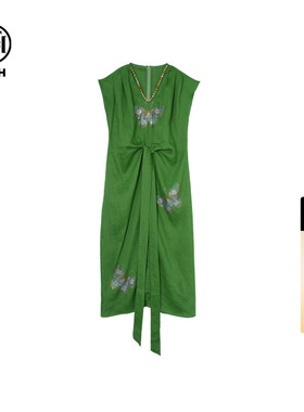 TCH烫钻设计感无袖时尚休闲百搭V领亚麻连衣裙女T75B30E5078