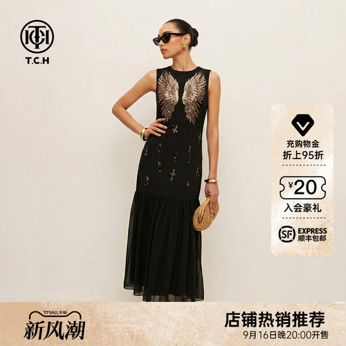 TCH烫钻金色翅膀连衣裙女黑色无袖收腰网纱鱼尾长裙夏T78A30E1065