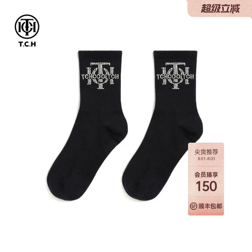 TCH轻奢LOGO烫钻烫钻工艺时尚休闲百搭中筒袜子女T78B55E5001