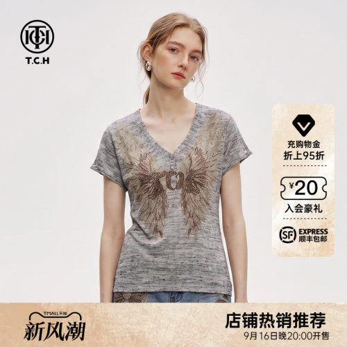 翅膀烫钻亨利V领显瘦针织短袖女